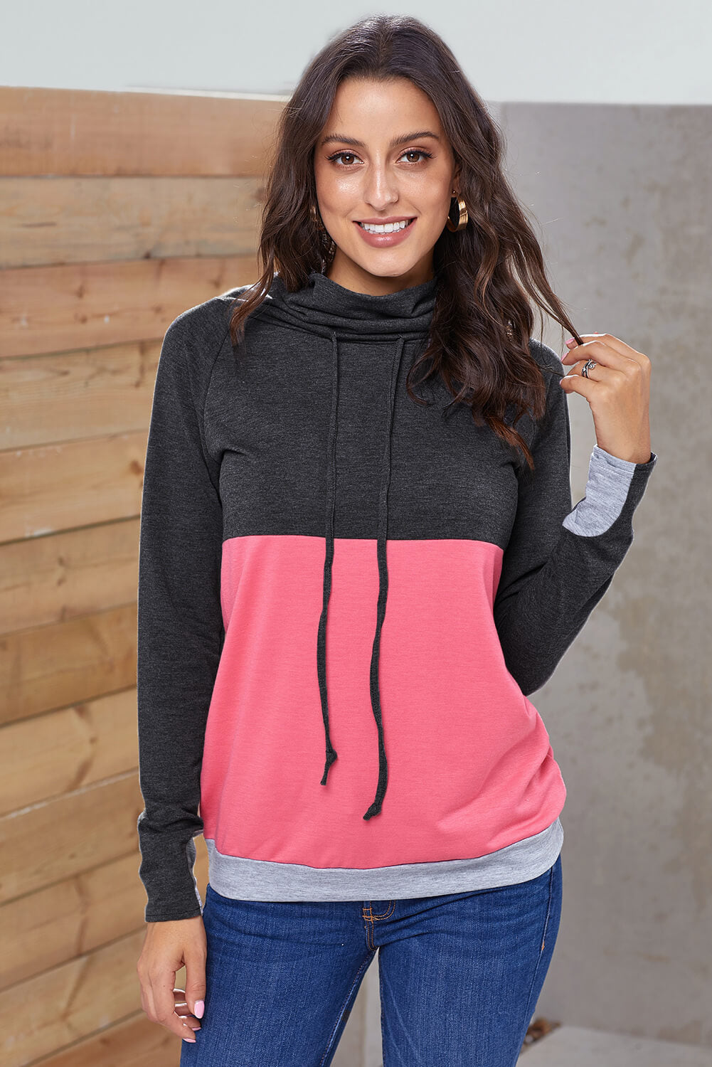 Color Block Raglan Sleeve Drawstring Sweatshirt-Teresa&#39;s Fashionista LLC