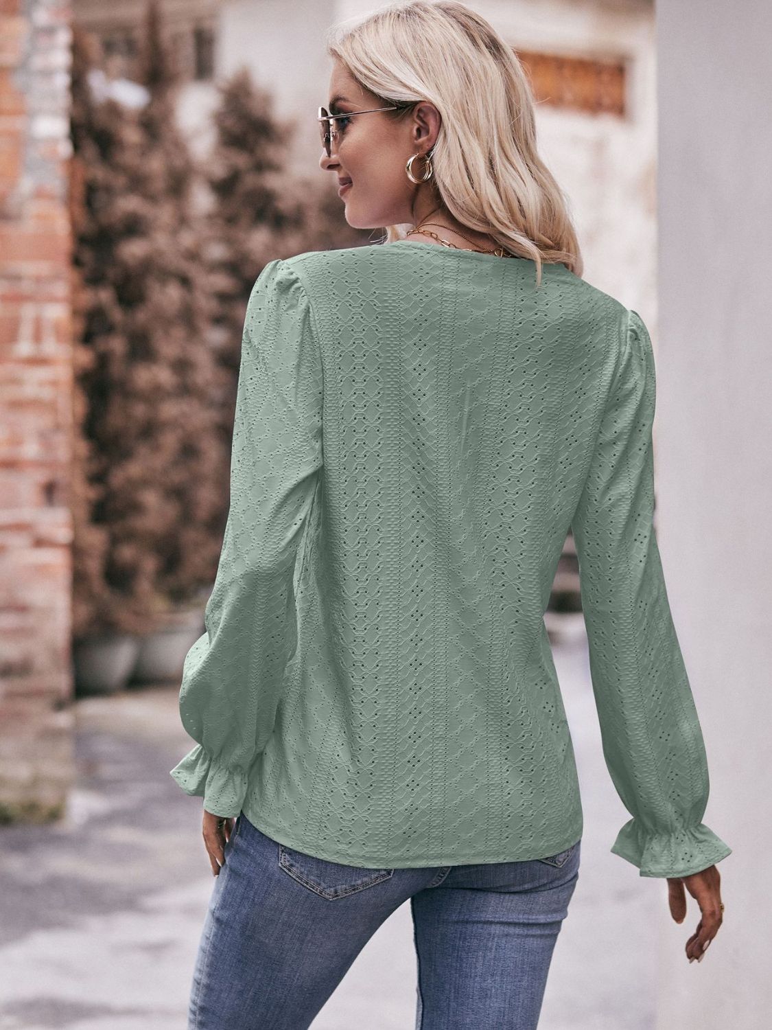 Eyelet V-Neck Flounce Sleeve Blouse-Teresa&#39;s Fashionista LLC