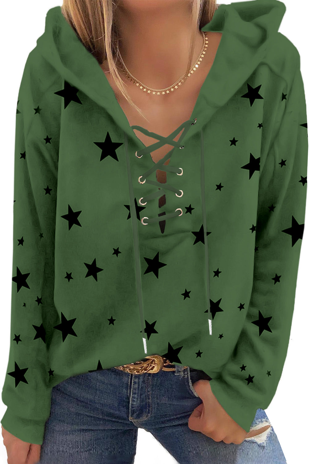 Star Pattern Lace-Up Hoodie-Teresa&#39;s Fashionista LLC