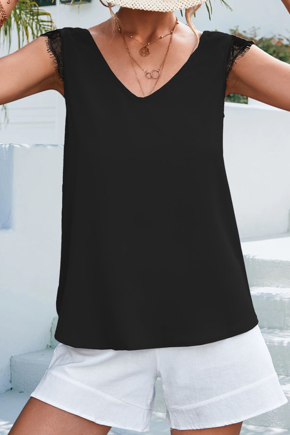 Lace Detail Eyelash Trim V-Neck Tank-Teresa&#39;s Fashionista LLC