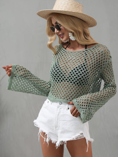 Openwork Flare Sleeve Cropped Cover Up-Teresa&#39;s Fashionista LLC