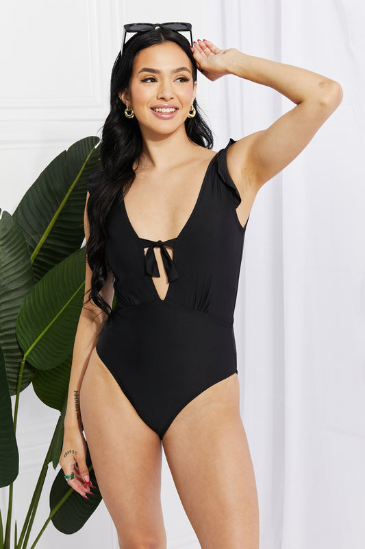 Marina West Swim Seashell Ruffle Sleeve One-Piece in Black-Teresa&#39;s Fashionista LLC