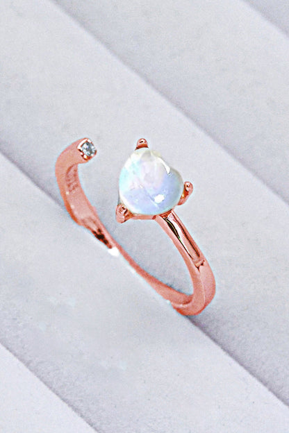 Inlaid Moonstone Heart Adjustable Open Ring-Teresa&#39;s Fashionista LLC