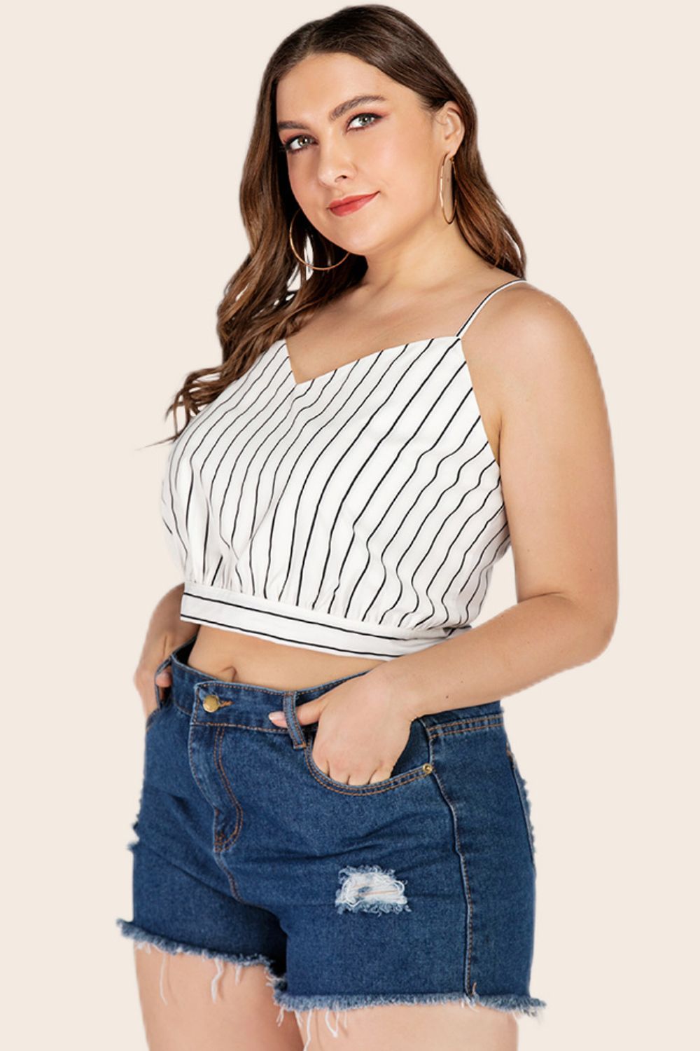 Plus Size Striped Tie-Back Cropped Cami-Teresa&#39;s Fashionista LLC