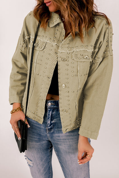 Frayed Trim Rivet Denim Jacket-Teresa&#39;s Fashionista LLC