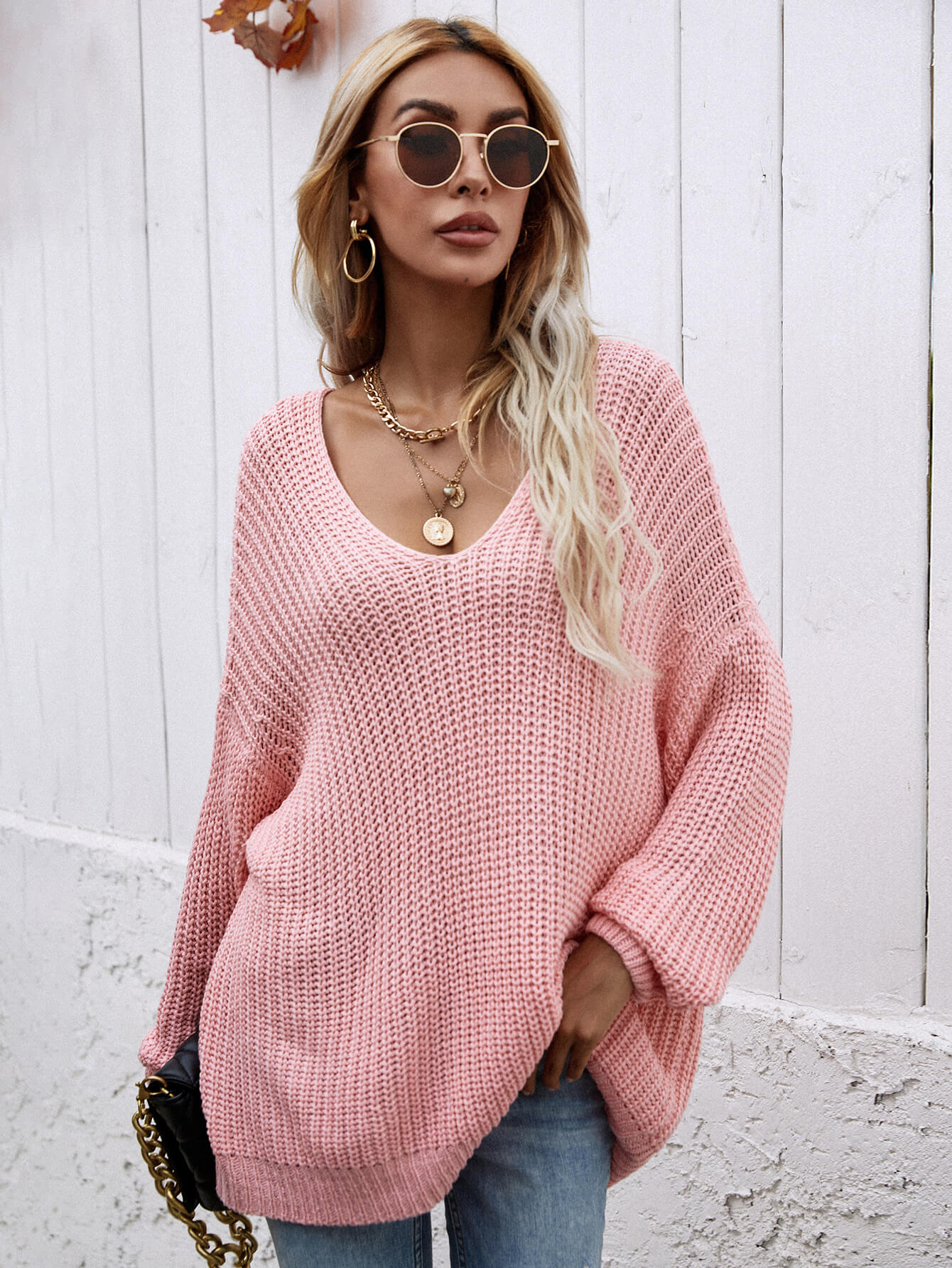 Rib-Knit Drop Shoulder V-Neck Pullover Sweater-Teresa&#39;s Fashionista LLC