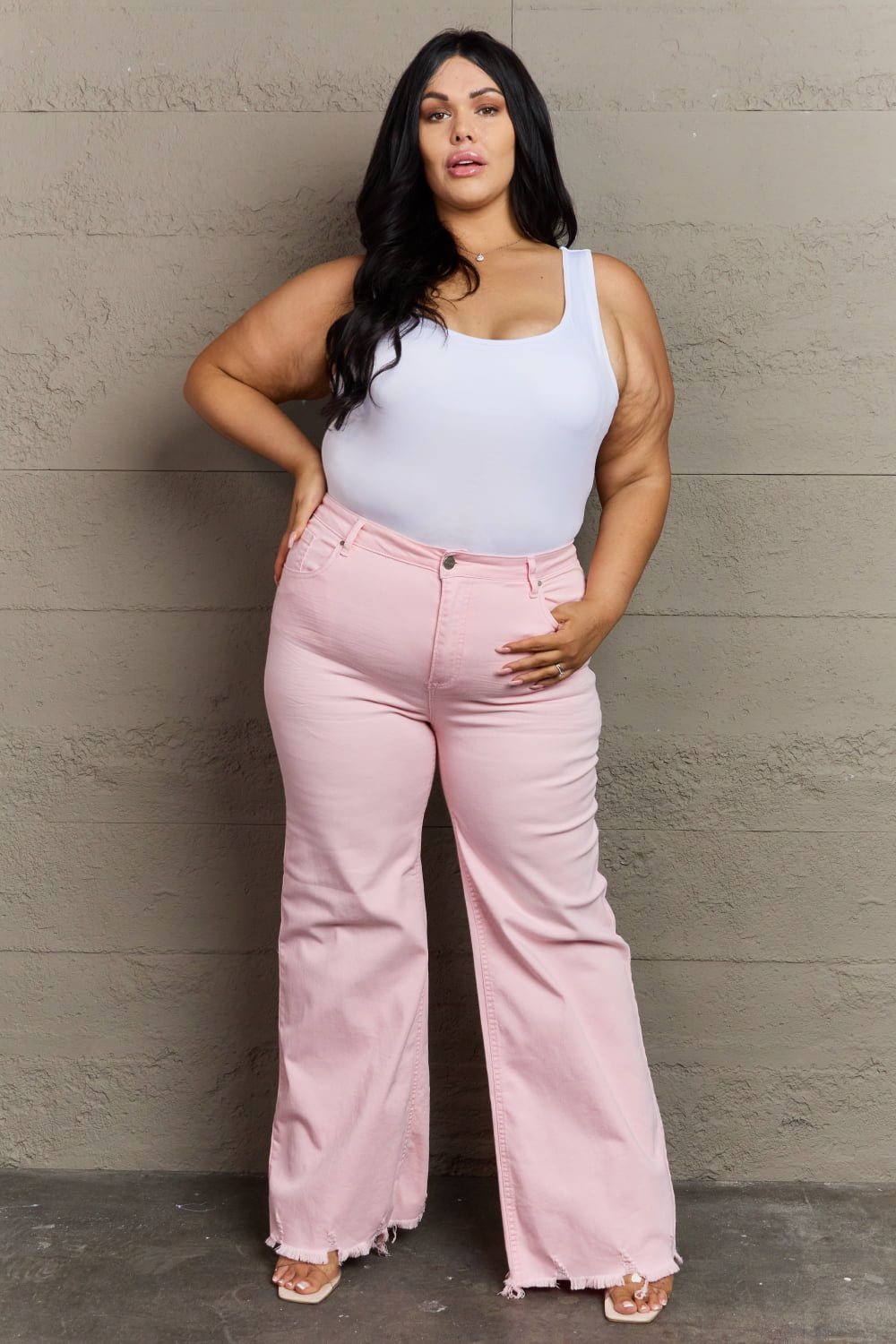 RISEN Raelene Full Size High Waist Wide Leg Jeans in Light Pink-Teresa&#39;s Fashionista LLC