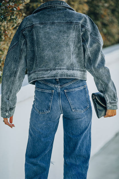 Acid Wash Lapel Collar Cropped Denim Jacket-Teresa&#39;s Fashionista LLC