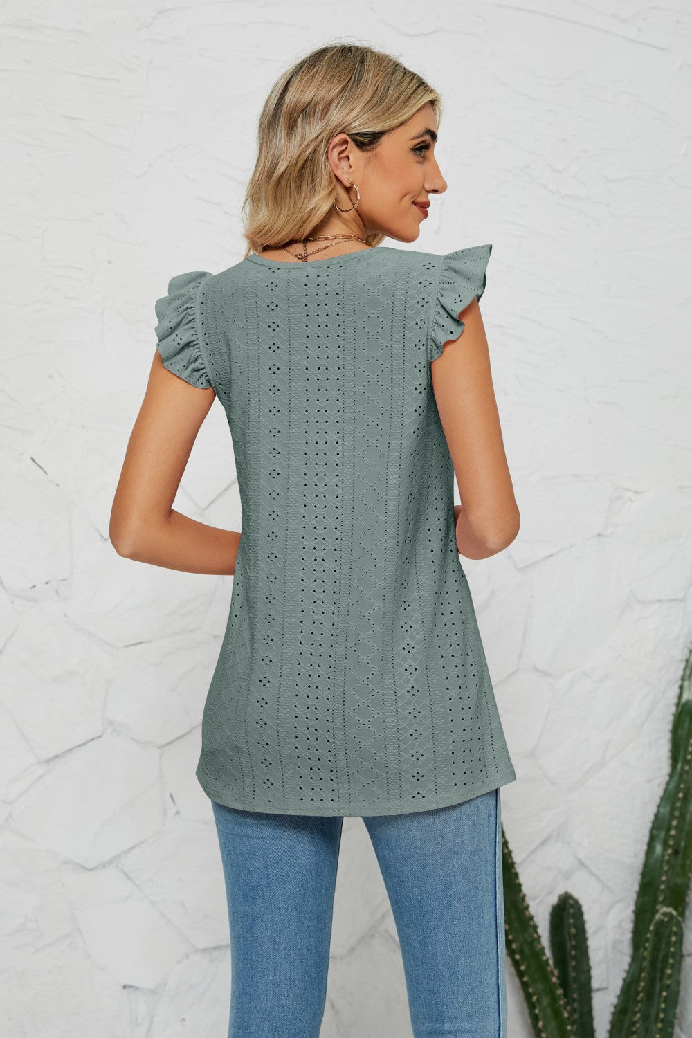 Smocked Round Neck Eyelet Top-Teresa&#39;s Fashionista LLC