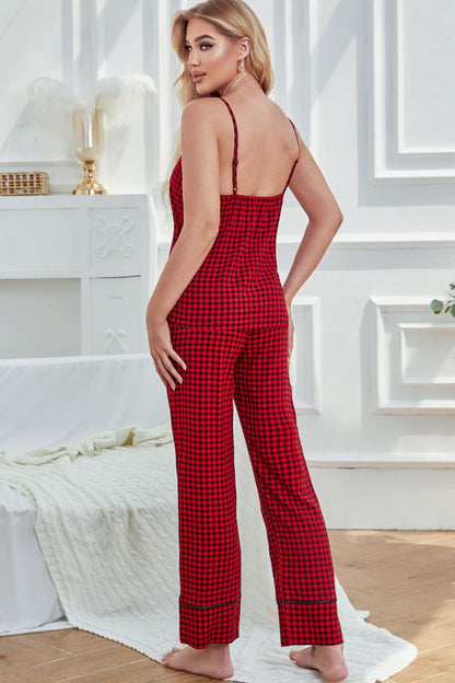 Gingham V-Neck Cami and Tied Pants Lounge Set-Teresa&#39;s Fashionista LLC