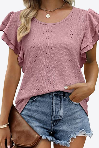 Round Neck Layered Flutter Sleeve Blouse-Teresa&#39;s Fashionista LLC