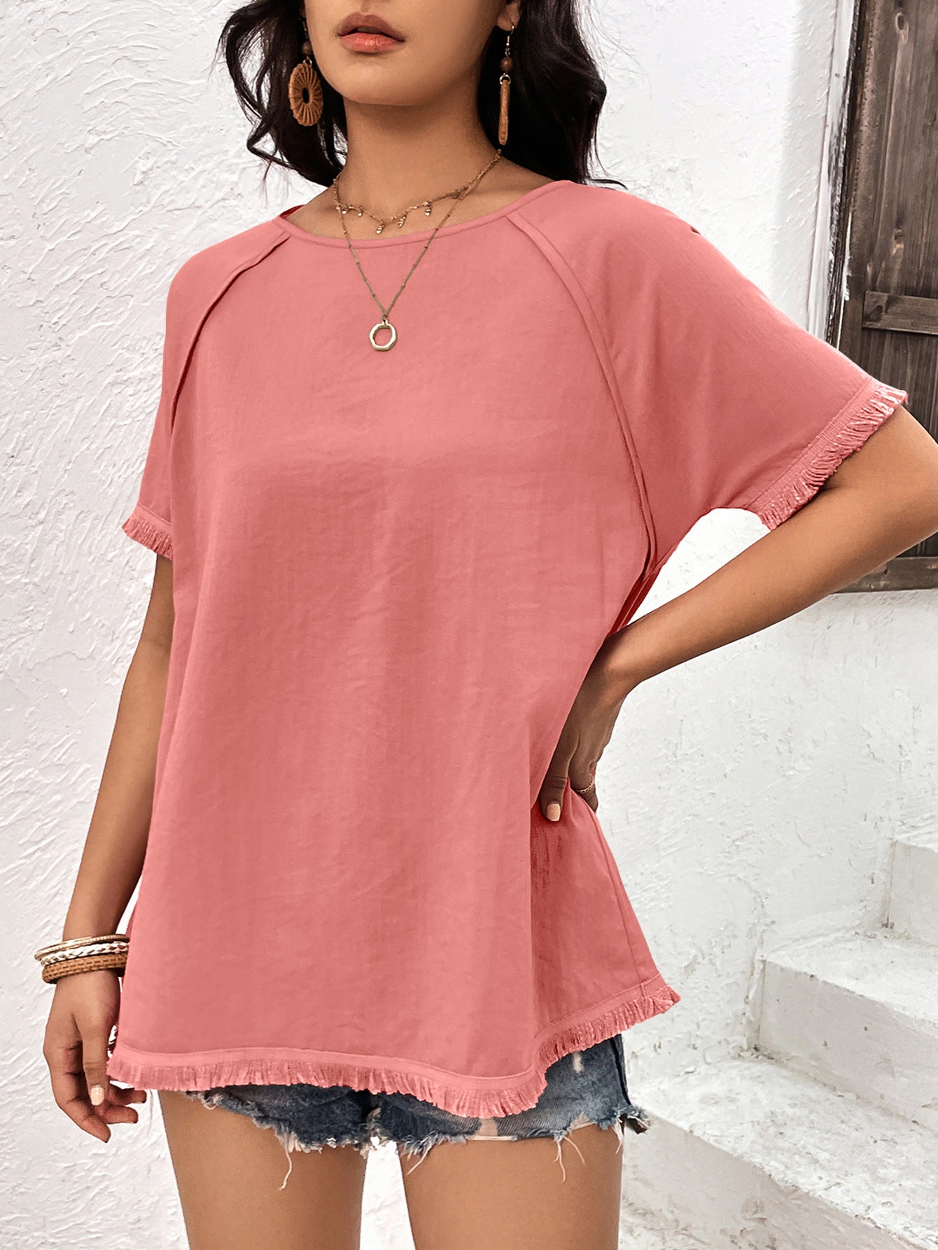 Round Neck Raglan Sleeve Fringe Detail Top-Teresa&#39;s Fashionista LLC