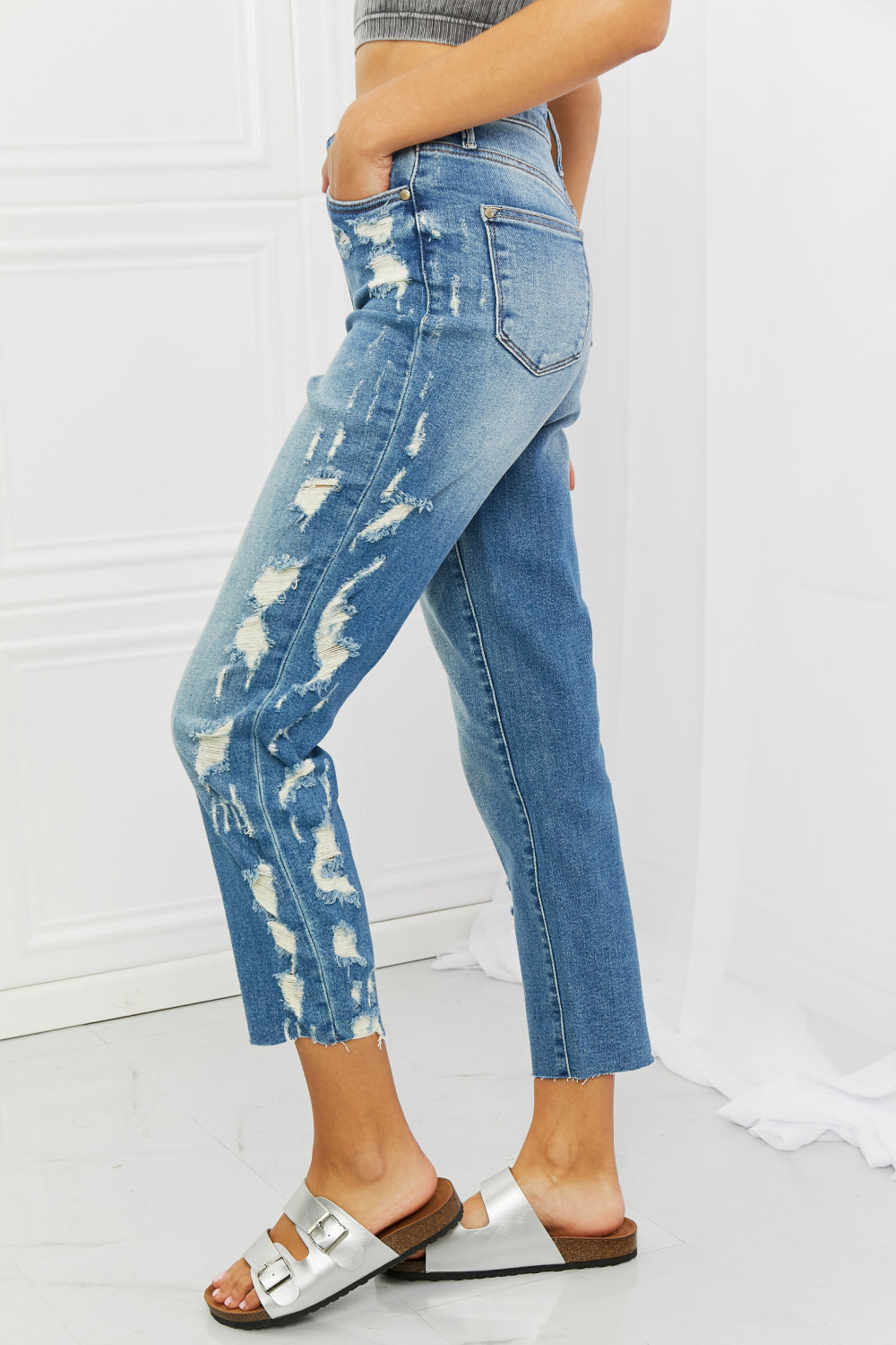 Judy Blue Laila Full Size Straight Leg Distressed Jeans-Teresa&#39;s Fashionista LLC