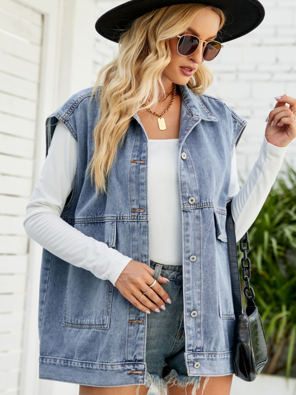 Collared Neck Sleeveless Denim Top with Pockets-Teresa&#39;s Fashionista LLC