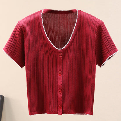 Contrast Decorative Button Short Sleeve Knit Top-Teresa&#39;s Fashionista LLC