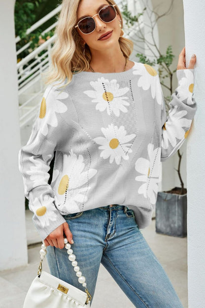 Daisy Print Openwork Round Neck Sweater-Teresa&#39;s Fashionista LLC