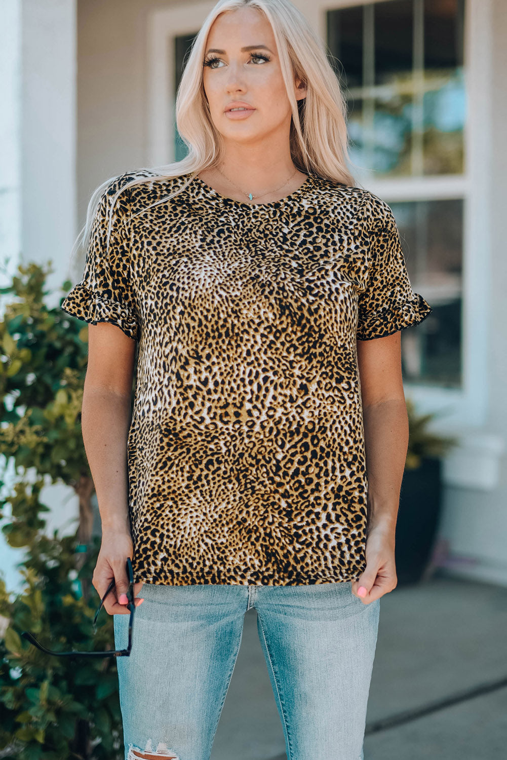 Women Leopard Short Flounce Sleeve Tee-Teresa&#39;s Fashionista LLC