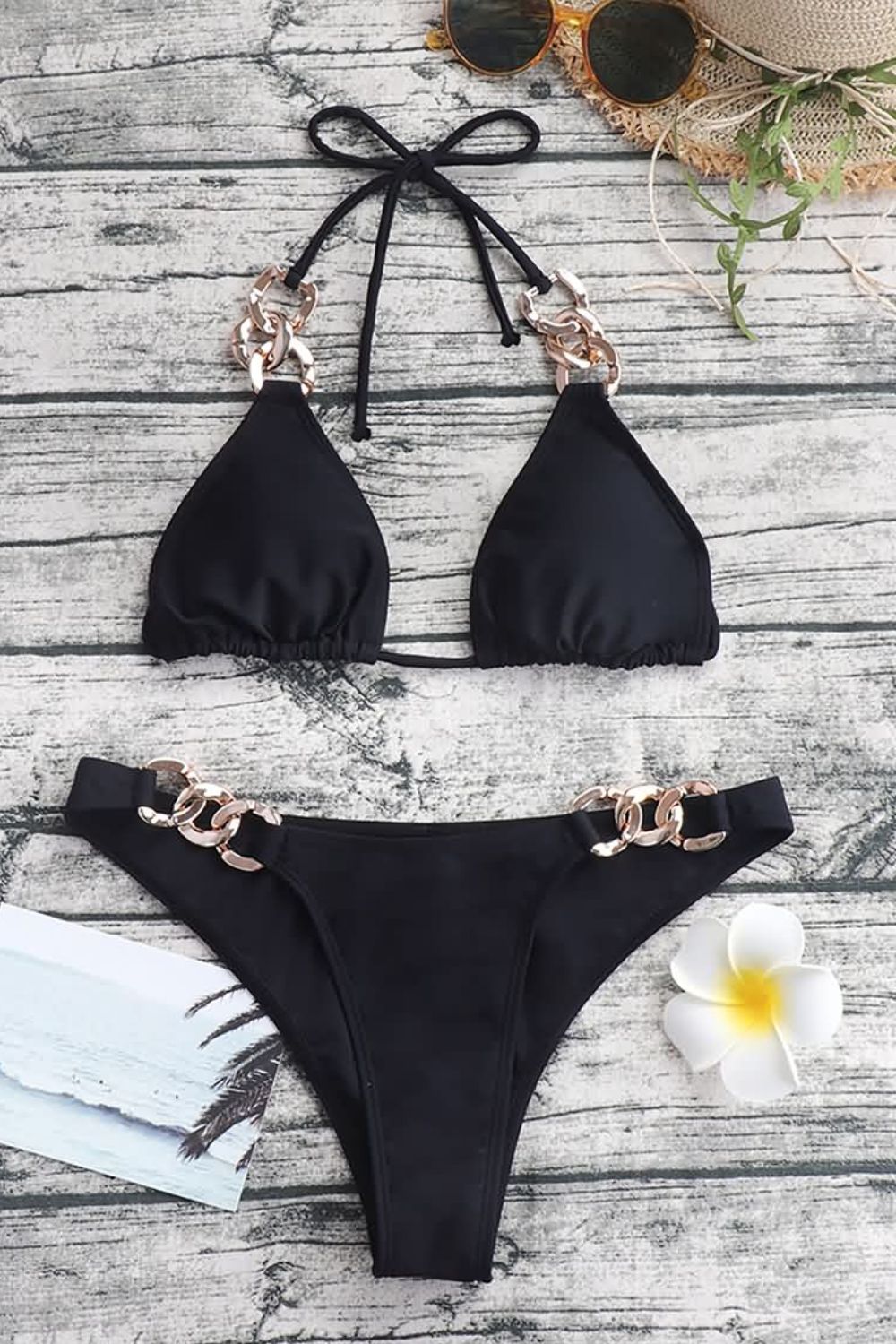 Chain Detail Tied Halter Neck Bikini Set-Teresa&#39;s Fashionista LLC