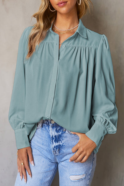 Gathered Detail Puff Sleeve Shirt-Teresa&#39;s Fashionista LLC