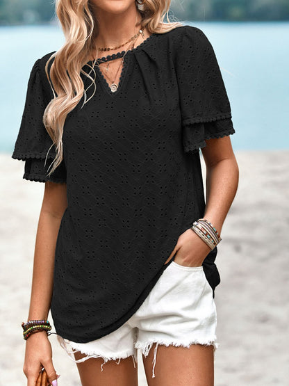 Eyelet Round Neck Puff Sleeve Blouse-Teresa&#39;s Fashionista LLC