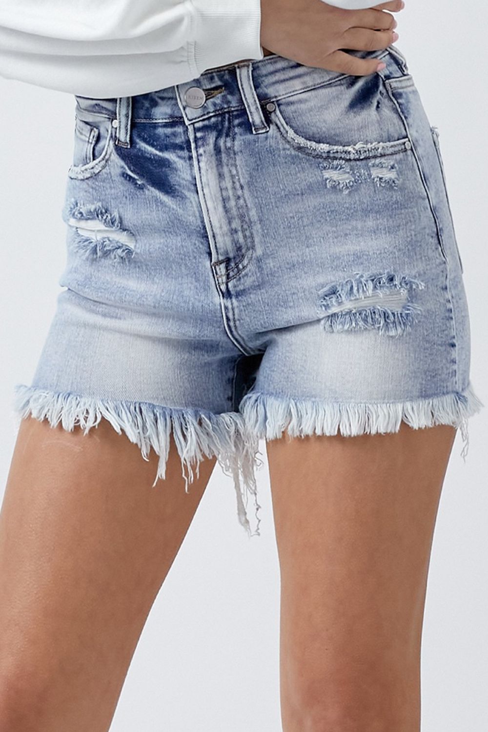 RISEN High Rise Acid Wash Denim Shorts-Teresa&#39;s Fashionista LLC