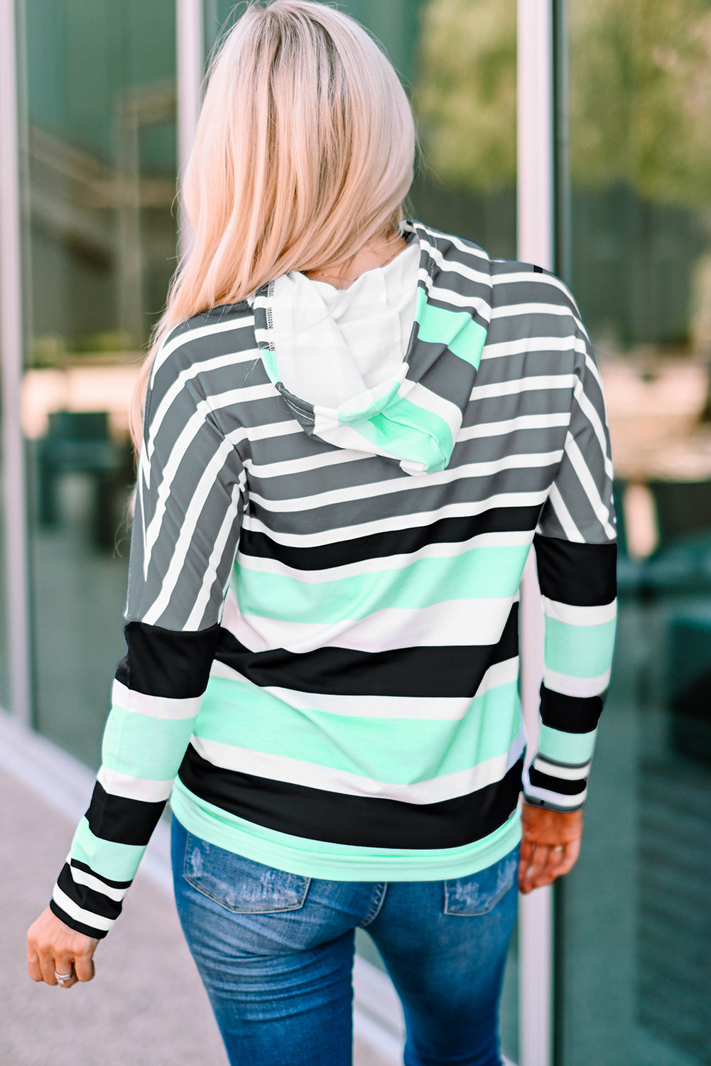 Striped Drawstring Detail Long Sleeve Hoodie-Teresa&#39;s Fashionista LLC