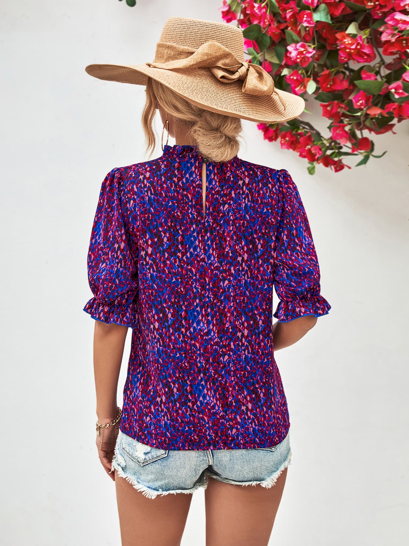 Printed Ruffle Collar Flounce Sleeve Blouse-Teresa&#39;s Fashionista LLC