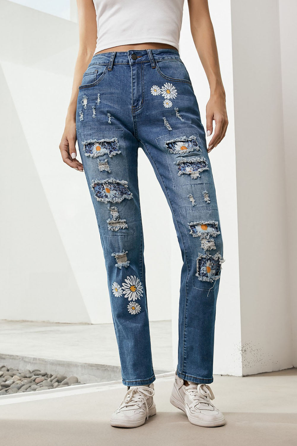 Printed Patch Distressed Boyfriend Jeans-Teresa&#39;s Fashionista LLC