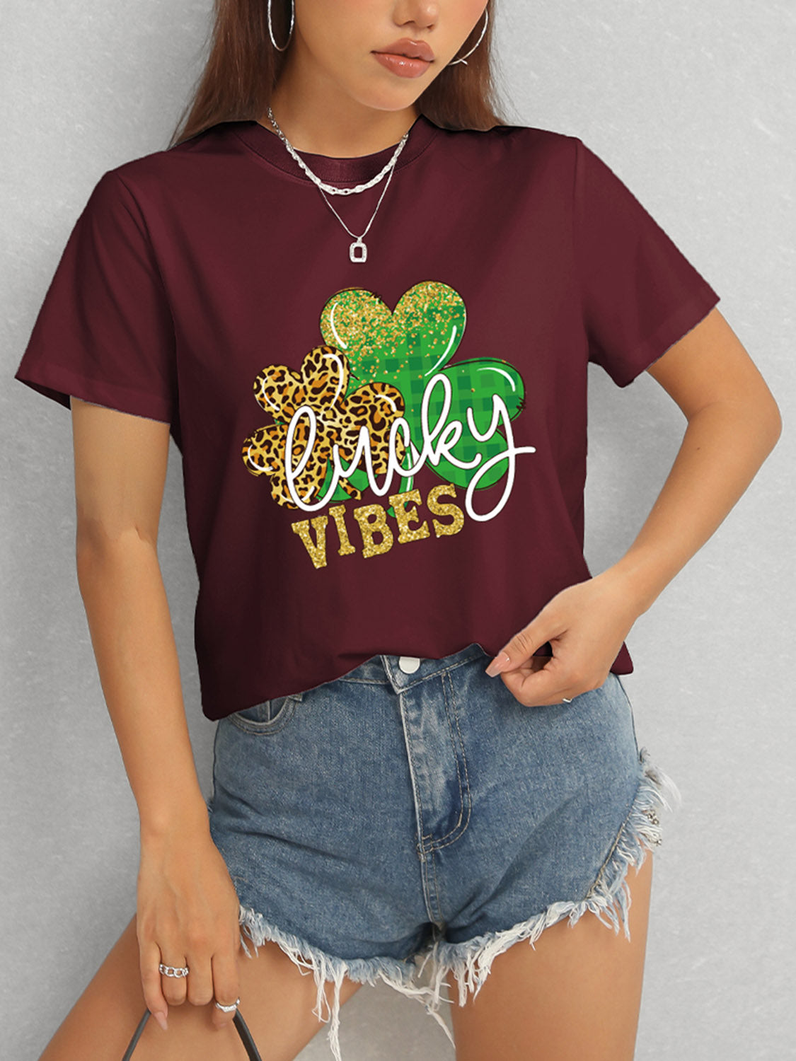 LUCKY VIBES Round Neck Short Sleeve T-Shirt-Teresa&#39;s Fashionista LLC