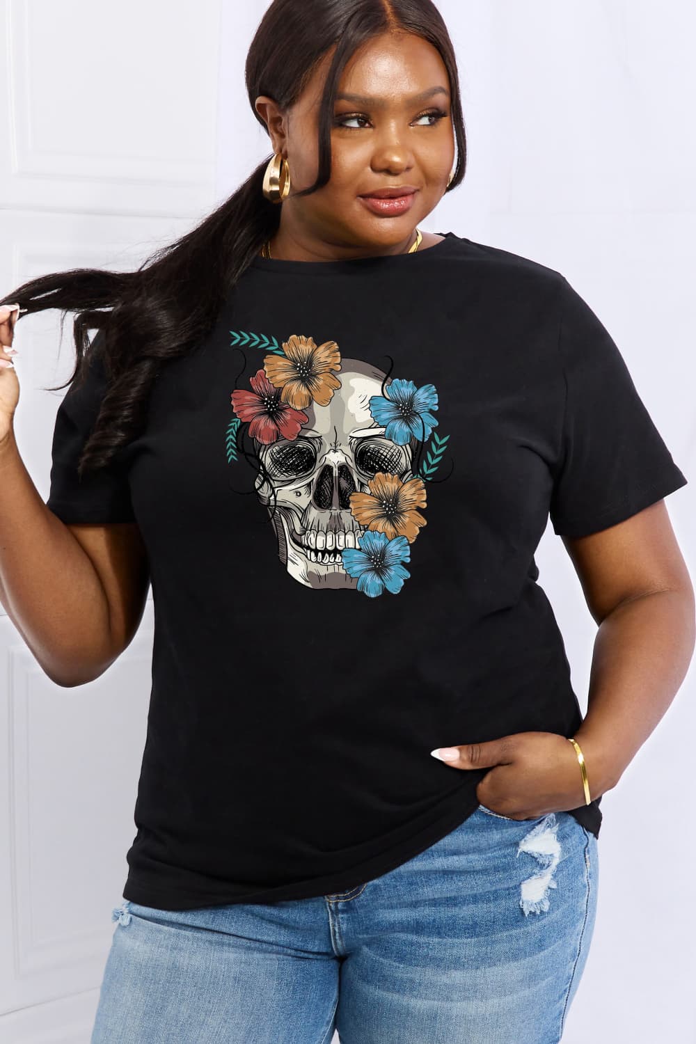 Simply Love Full Size Flower Skull Graphic Cotton Tee-Teresa&#39;s Fashionista LLC