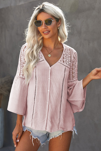 Flare Sleeve Spliced Lace V-Neck Shirt-Teresa&#39;s Fashionista LLC