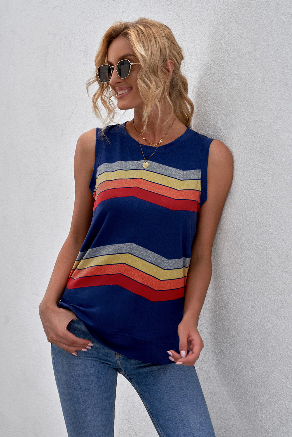 Printed Side Slit Round Neck Tank-Teresa&#39;s Fashionista LLC