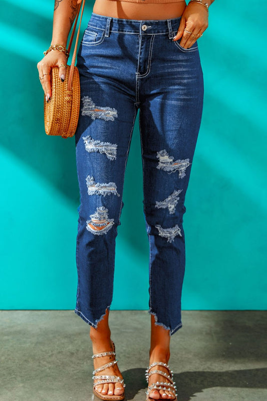 High-Rise Distressed Hem Detail Jeans-Teresa&#39;s Fashionista LLC