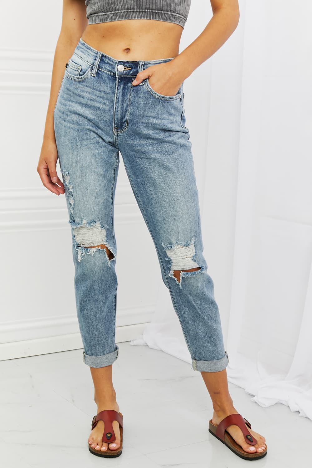 Judy Blue Malia Full Size Mid Rise Boyfriend Jeans-Teresa&#39;s Fashionista LLC