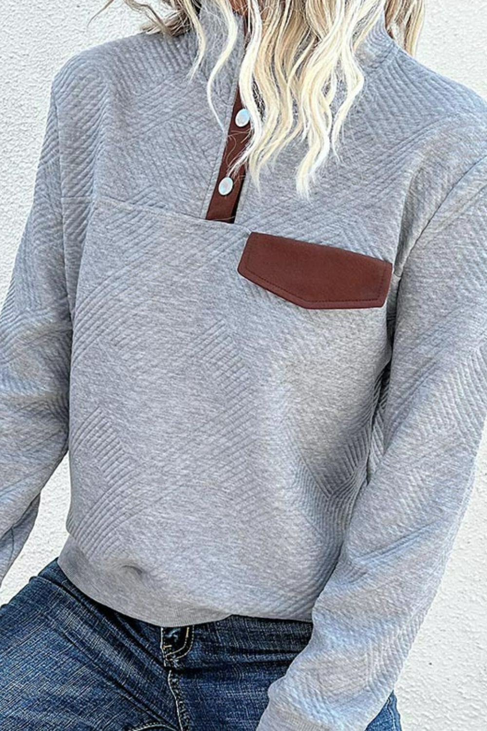 Contrast Ribbed Quarter-Snap Sweatshirt-Teresa&#39;s Fashionista LLC