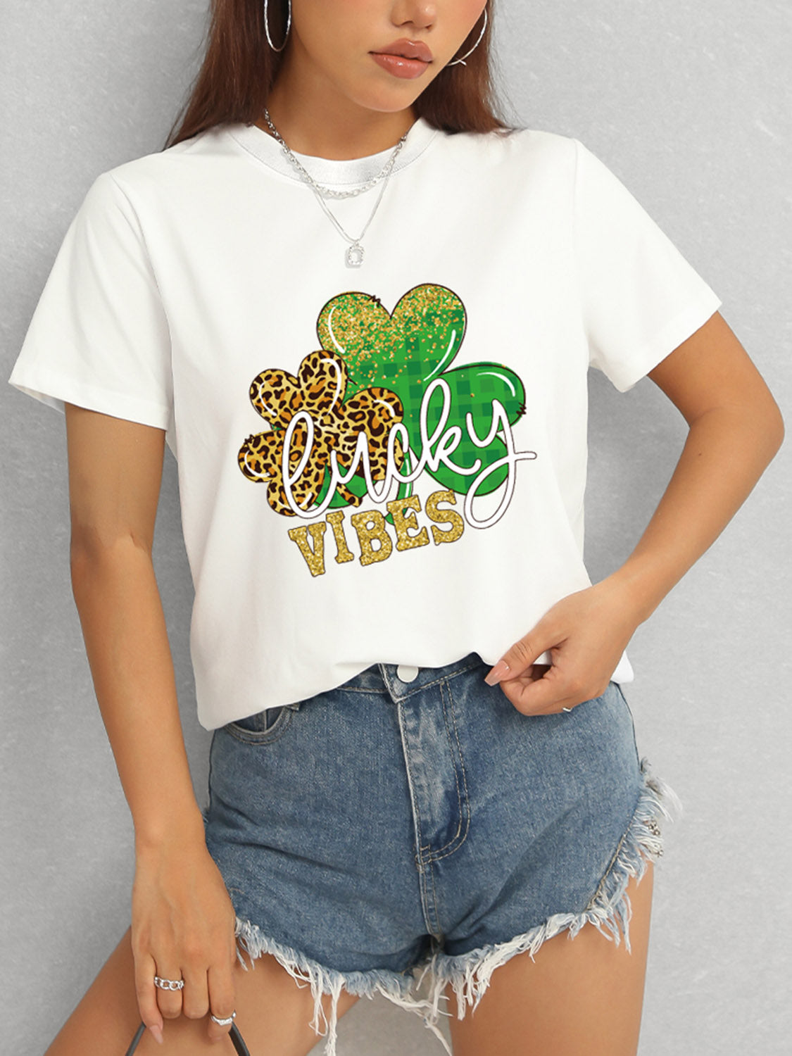 LUCKY VIBES Round Neck Short Sleeve T-Shirt-Teresa&#39;s Fashionista LLC