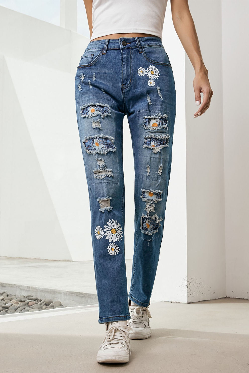 Printed Patch Distressed Boyfriend Jeans-Teresa&#39;s Fashionista LLC