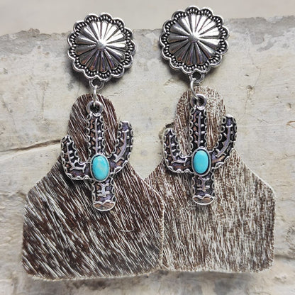 Turquoise Decor Cactus Alloy Earrings-Teresa&#39;s Fashionista LLC