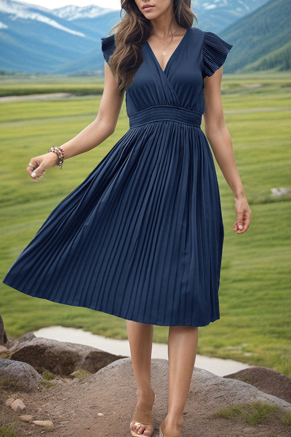 Tied Smocked Waist Flutter Sleeve Dress-Teresa&#39;s Fashionista LLC