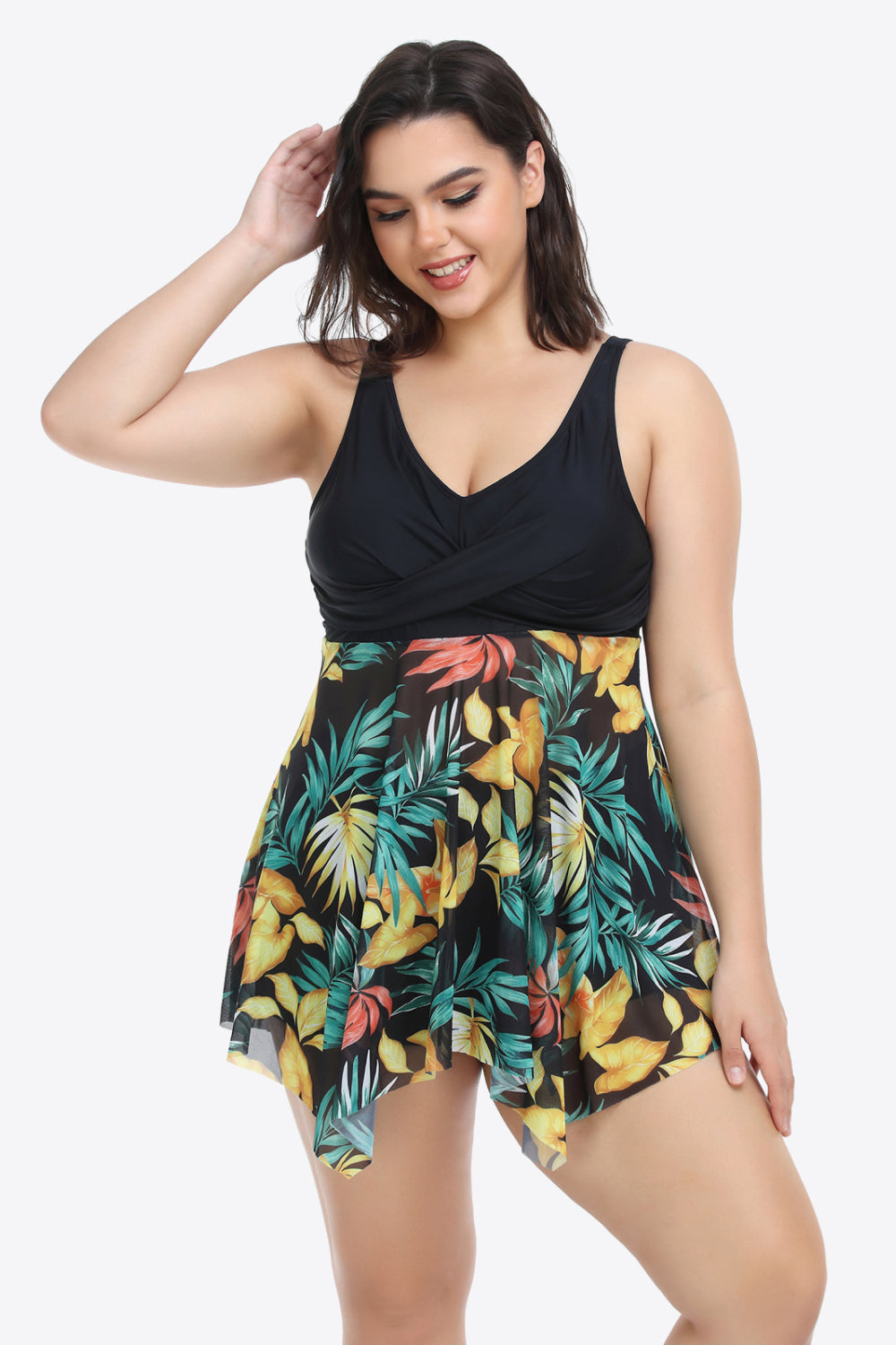 Plus Size Floral Two-Tone Asymmetrical Hem Two-Piece Swimsuit-Teresa&#39;s Fashionista LLC