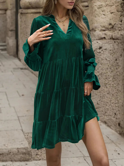 Notched Long Sleeve Tiered Dress-Teresa&#39;s Fashionista LLC