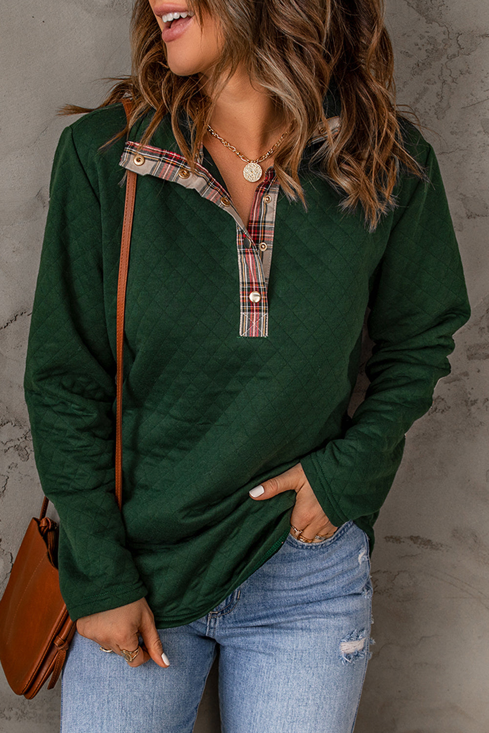 Plaid Snap Down Sweatshirt-Teresa&#39;s Fashionista LLC