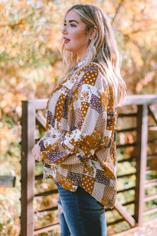 Plus Size Patchwork Balloon Sleeve Blouse-Teresa&#39;s Fashionista LLC