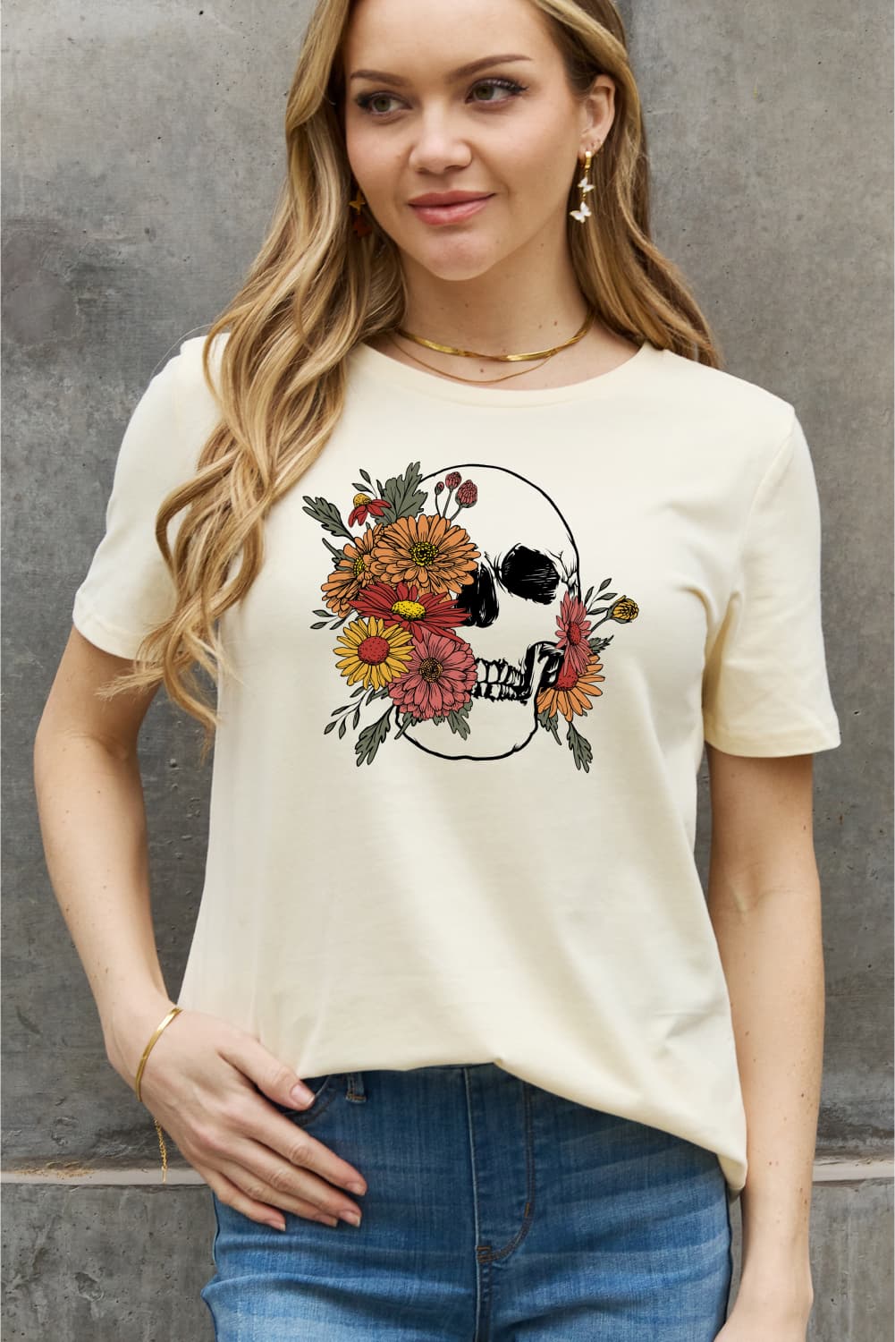 Simply Love Full Size Flower Skull Graphic Cotton Tee-Teresa&#39;s Fashionista LLC