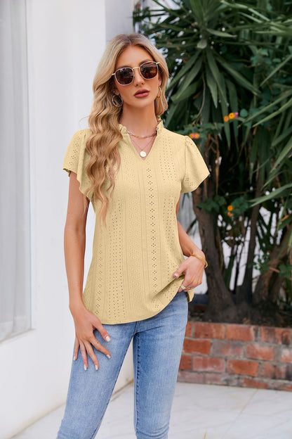 Notched Neck Puff Sleeve Blouse-Teresa&#39;s Fashionista LLC