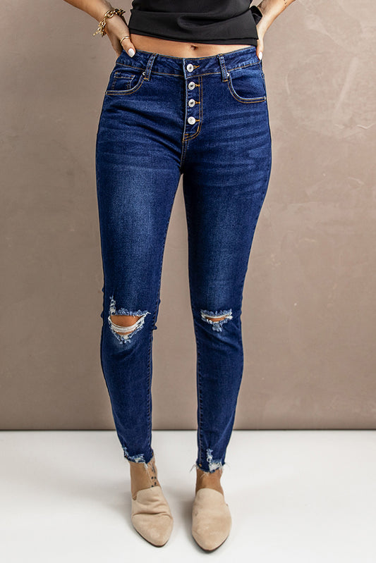 Distressed Button Fly Skinny Jeans-Teresa&#39;s Fashionista LLC