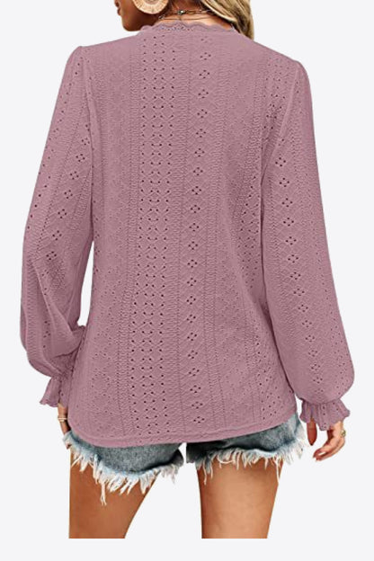 Eyelet V-Neck Flounce Sleeve Blouse-Teresa&#39;s Fashionista LLC