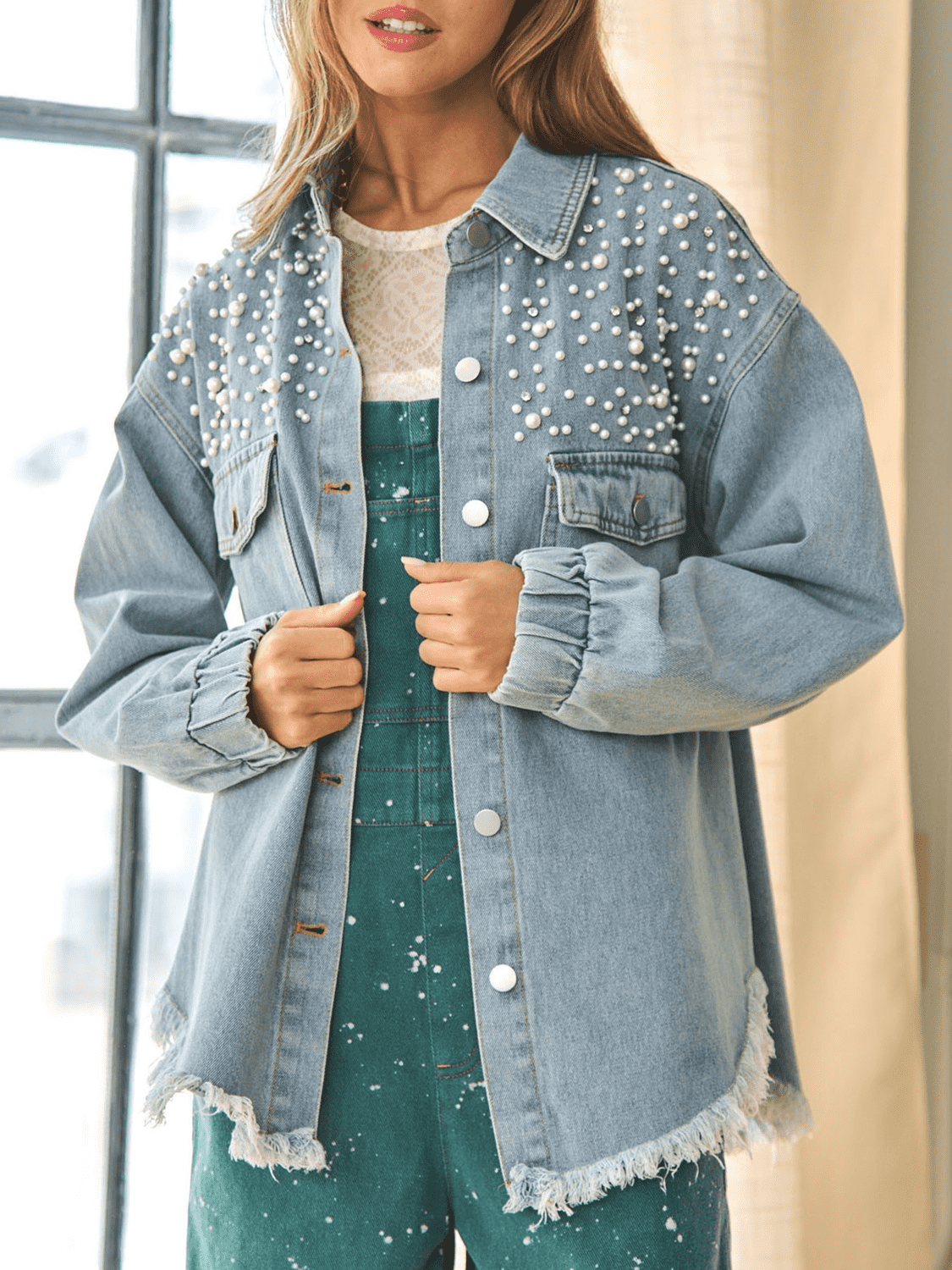 Collared Neck Raw Hem Dropped Shoulder Denim Jacket-Teresa&#39;s Fashionista LLC