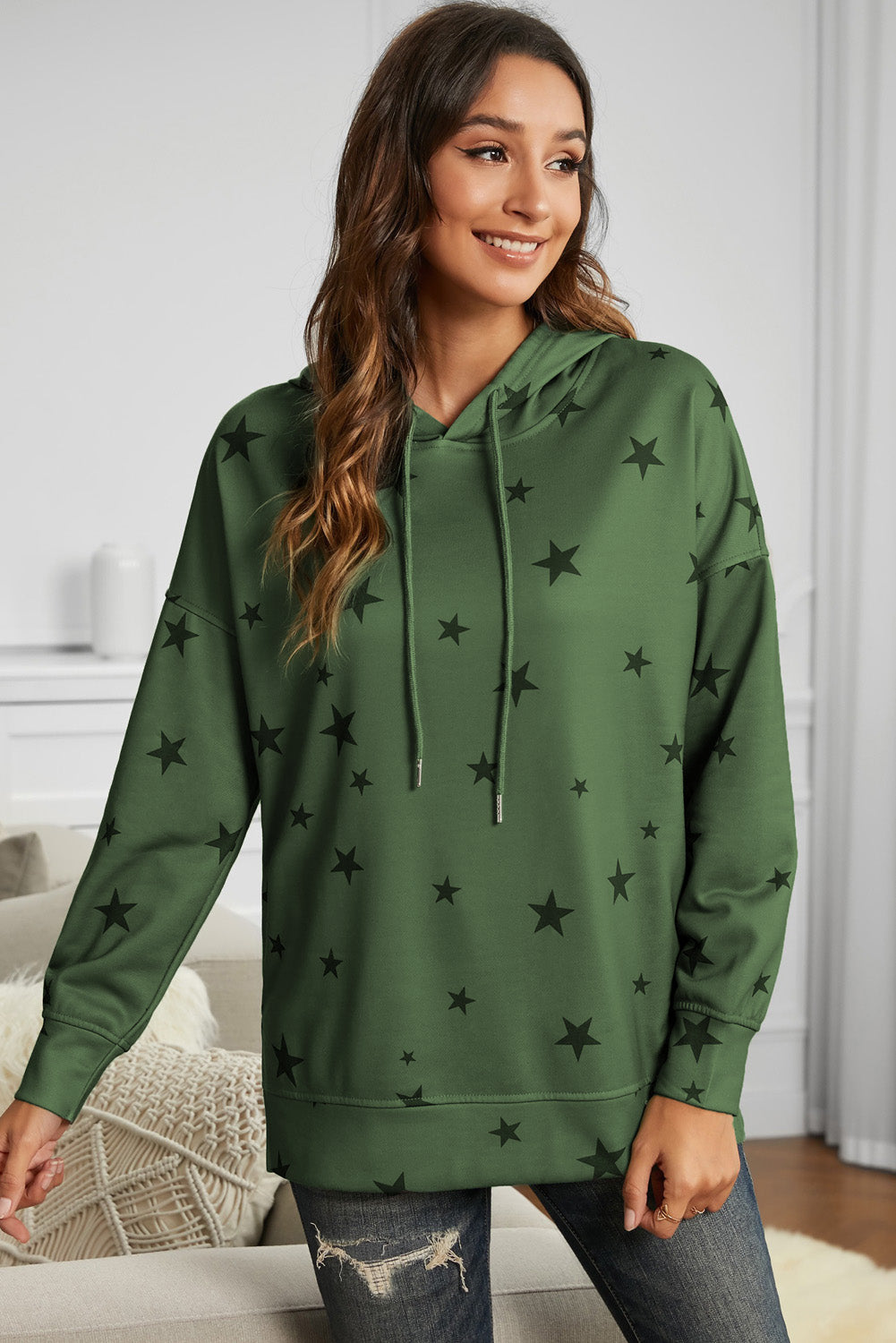 Star Print Drawstring Detail Hoodie-Teresa&#39;s Fashionista LLC