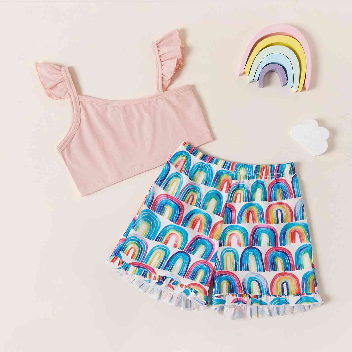 Asymmetrical Neck Top and Rainbow Print Shorts Set-Teresa&#39;s Fashionista LLC